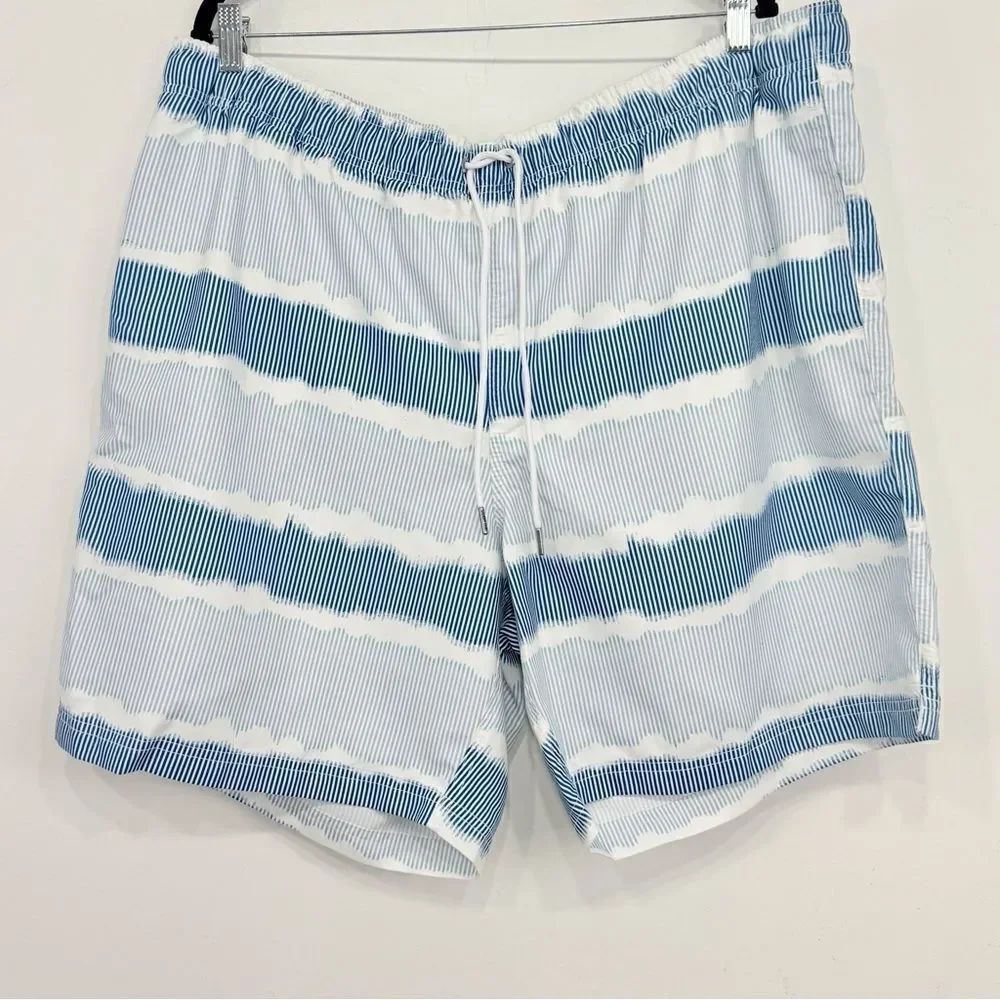 Land's End White Blue Squiggle Stripe Mesh Lined Drawstring Waist Swim Trunks